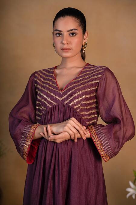 Shop Pants And Pajamas Purple Organza, Chanderi, Cotton Silk Gota Work, Embroidered Anarkali Set Online at Aza Fashions Shop_Pants And Pajamas_Purple Organza, Chanderi, Cotton Silk Gota Work, Embroidered Anarkali Set _Online_at_Aza_Fashions