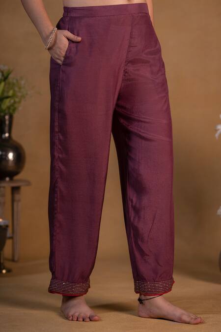 Shop Pants And Pajamas Purple Cotton Silk Sequins, Zardozi Work Embroidered Hem Pant Online at Aza Fashions Shop_Pants And Pajamas_Purple Cotton Silk Sequins, Zardozi Work Embroidered Hem Pant _Online_at_Aza_Fashions