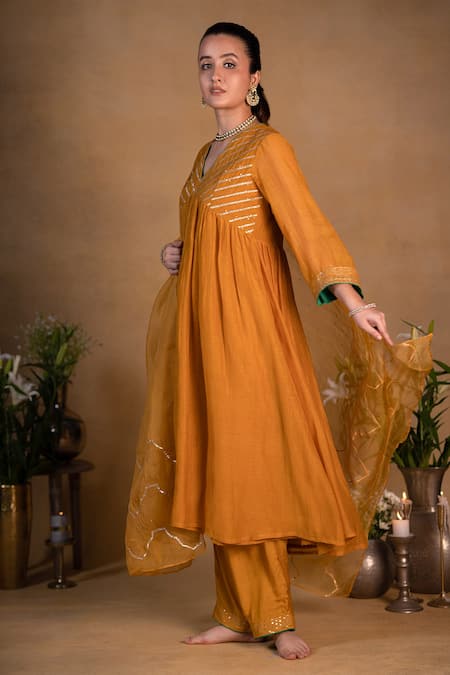 Buy_Pants And Pajamas_Yellow Organza Gota Work, Sequins Embroidered Dupatta _Online_at_Aza_Fashions