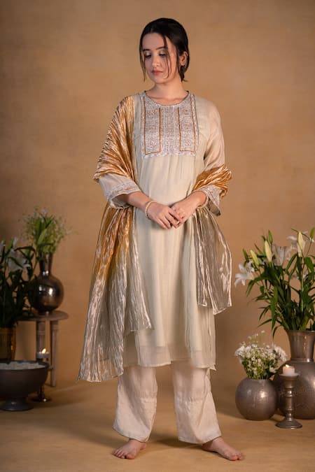 Pants and Pajamas Chanderi Embroidered Kurta Set 