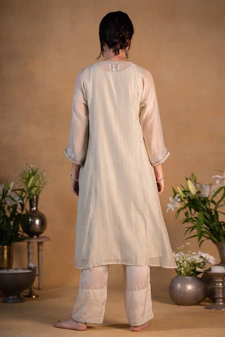 Shop Pants And Pajamas Beige Chanderi, Cotton Silk, Tissue Silver Zari Zardozi Embroidered Kurta Set at Aza Fashions Shop_Pants And Pajamas_Beige Chanderi, Cotton Silk, Tissue Silver Zari Zardozi Embroidered Kurta Set _at_Aza_Fashions