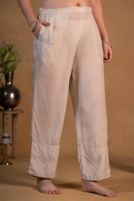 Pants And Pajamas Beige Chanderi, Cotton Silk, Tissue Silver Zari Zardozi Embroidered Kurta Set at Aza Fashions Pants And Pajamas_Beige Chanderi, Cotton Silk, Tissue Silver Zari Zardozi Embroidered Kurta Set _at_Aza_Fashions