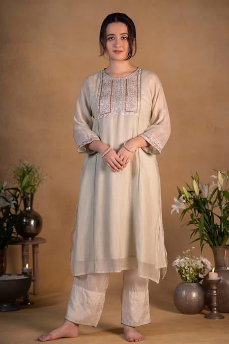 Pants and Pajamas Chanderi Embroidered Kurta 