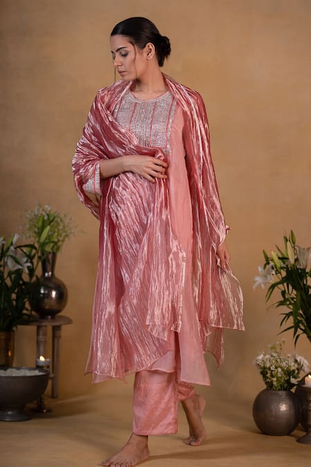 Buy Pants And Pajamas Pink Chanderi, Cotton Silk, Tissue Silver Zari Zardozi Embroidered Kurta Set Online at Aza Fashions Buy_Pants And Pajamas_Pink Chanderi, Cotton Silk, Tissue Silver Zari Zardozi Embroidered Kurta Set _Online_at_Aza_Fashions