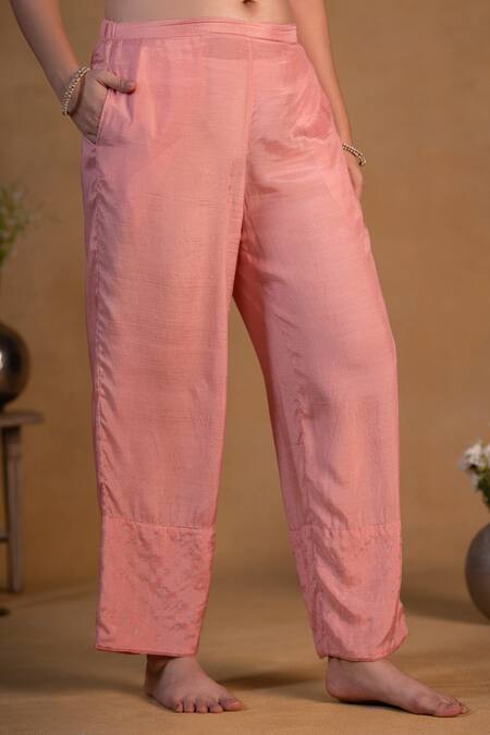 Pants And Pajamas Pink Chanderi, Cotton Silk, Tissue Silver Zari Zardozi Embroidered Kurta Set at Aza Fashions Pants And Pajamas_Pink Chanderi, Cotton Silk, Tissue Silver Zari Zardozi Embroidered Kurta Set _at_Aza_Fashions