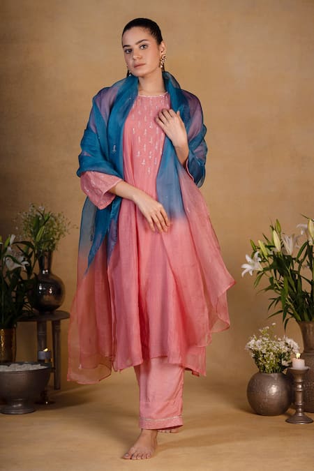 Pants and Pajamas Chanderi Embroidered Kurta Set 