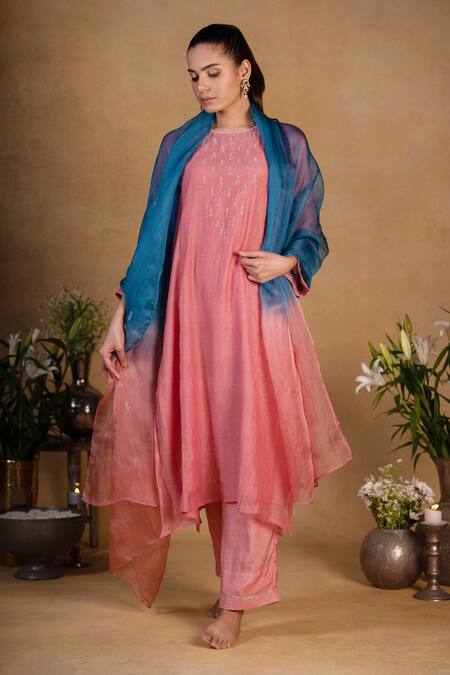 Buy Pants And Pajamas Peach Organza, Chanderi, Cotton Silk Thread Work, Zardozi Embroidered Kurta Set Online at Aza Fashions Buy_Pants And Pajamas_Peach Organza, Chanderi, Cotton Silk Thread Work, Zardozi Embroidered Kurta Set _Online_at_Aza_Fashions