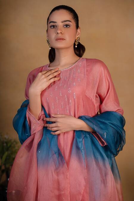 Shop Pants And Pajamas Peach Organza, Chanderi, Cotton Silk Thread Work, Zardozi Embroidered Kurta Set Online at Aza Fashions Shop_Pants And Pajamas_Peach Organza, Chanderi, Cotton Silk Thread Work, Zardozi Embroidered Kurta Set _Online_at_Aza_Fashions