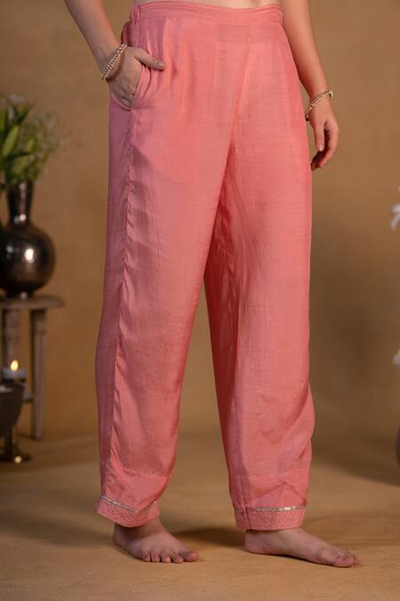 Pants And Pajamas Peach Organza, Chanderi, Cotton Silk Thread Work, Zardozi Embroidered Kurta Set at Aza Fashions Pants And Pajamas_Peach Organza, Chanderi, Cotton Silk Thread Work, Zardozi Embroidered Kurta Set _at_Aza_Fashions