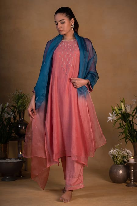 Shop Pants And Pajamas Blue Organza Sequins, Zardozi Work Ombre Embroidered Dupatta at Aza Fashions Shop_Pants And Pajamas_Blue Organza Sequins, Zardozi Work Ombre Embroidered Dupatta _at_Aza_Fashions