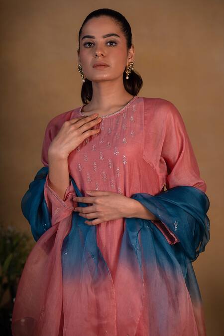 Shop Pants And Pajamas Blue Organza Sequins, Zardozi Work Ombre Embroidered Dupatta Online at Aza Fashions Shop_Pants And Pajamas_Blue Organza Sequins, Zardozi Work Ombre Embroidered Dupatta _Online_at_Aza_Fashions