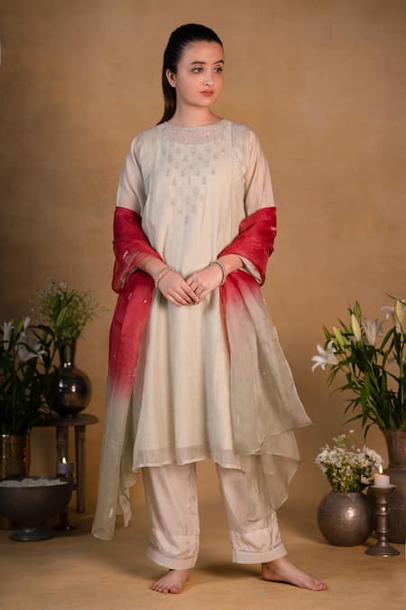 Pants and Pajamas Chanderi Embroidered Kurta Set 