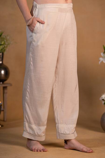 Pants And Pajamas Beige Organza, Chanderi, Cotton Silk Thread Work, Zardozi Embroidered Kurta Set at Aza Fashions Pants And Pajamas_Beige Organza, Chanderi, Cotton Silk Thread Work, Zardozi Embroidered Kurta Set _at_Aza_Fashions