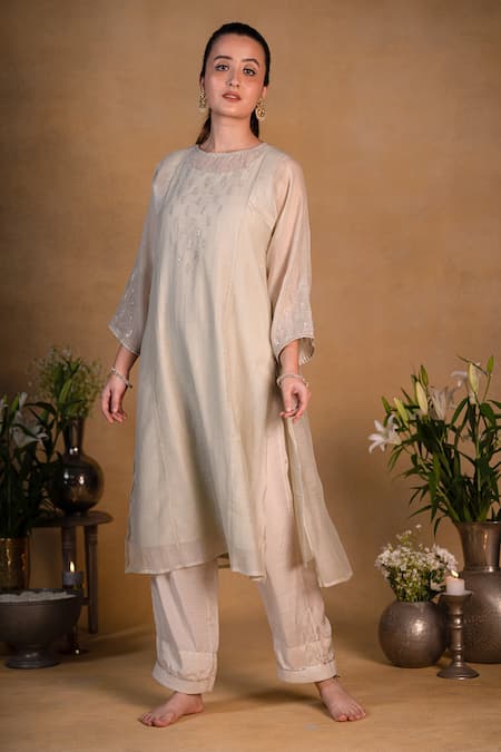 Buy_Pants And Pajamas_Beige Chanderi Thread , Zardozi Round Embroidered Kurta _Online_at_Aza_Fashions