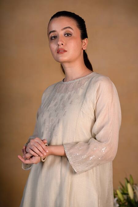 Shop_Pants And Pajamas_Beige Chanderi Thread , Zardozi Round Embroidered Kurta _Online_at_Aza_Fashions
