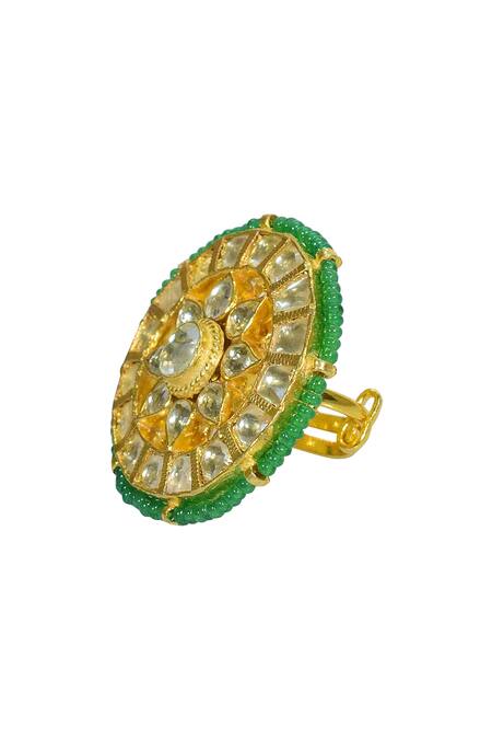 Tizora_White Beads, Diamonds Pachi Kundan Ring _Online_at_Aza_Fashions