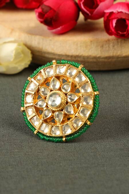 Buy_Tizora_White Beads, Diamonds Pachi Kundan Ring _Online_at_Aza_Fashions