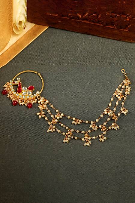 Tizora White Pearls, Stones Peacock Pachi Kundan Layered Nath Online at Aza Fashions Tizora_White Pearls, Stones Peacock Pachi Kundan Layered Nath _Online_at_Aza_Fashions