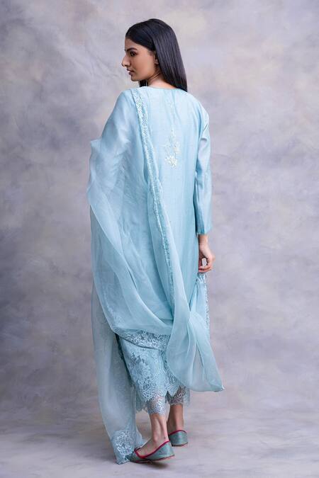 Shop_Chandbari_Blue Chanderi, Silk Organza Floral Motifs Keyhole Kurta Set_at_Aza_Fashions