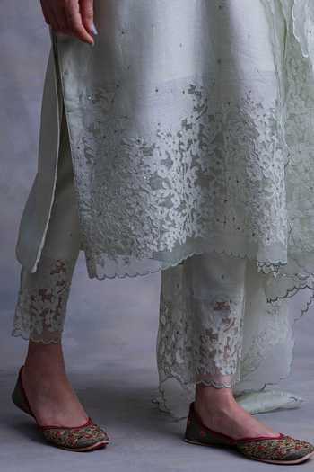 Chandbari_Green Chanderi Floral Motifs Notched Embroidered Kurta Set _Online_at_Aza_Fashions