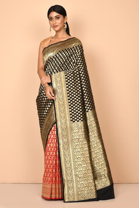 Nazaakat by Samara Singh Black Banarasi Silk Handloom Woven Floral Pattern Saree With Running Blouse