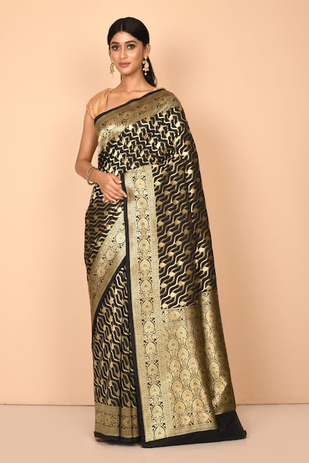 Nazaakat by Samara Singh Black Banarasi Katan Silk Woven Floral Pattern Saree With Running Blouse