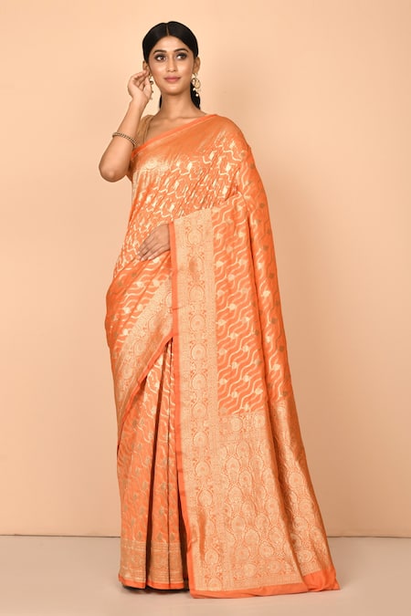 Nazaakat by Samara Singh Orange Banarasi Katan Silk Woven Floral Saree Wit Running Blouse