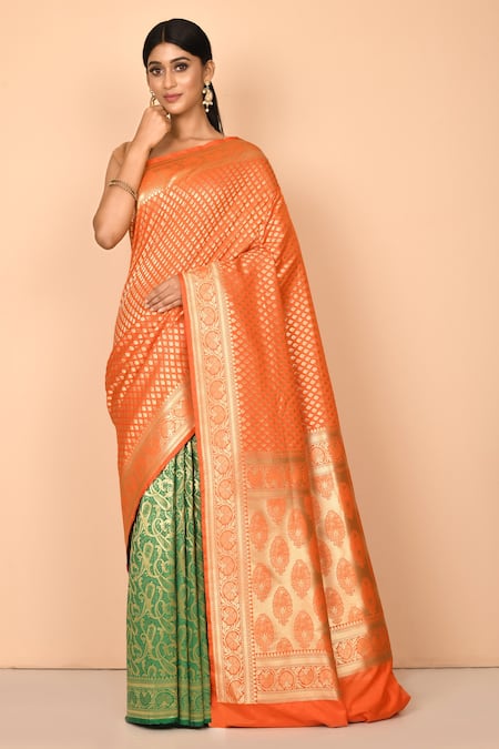 Nazaakat by Samara Singh Orange Banarasi Katan Silk Woven Floral Saree With Running Blouse