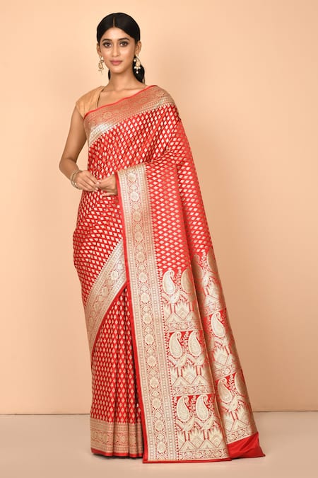 Nazaakat by Samara Singh Red Banarasi Silk Handloom Woven Floral Saree