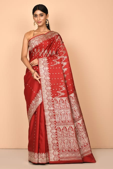 Nazaakat by Samara Singh Maroon Banarasi Silk Handloom Woven Floral Saree