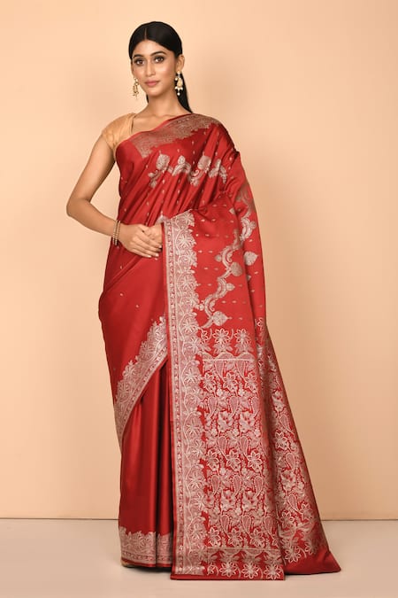 Nazaakat by Samara Singh Maroon Banarasi Silk Handloom Woven Floral Saree