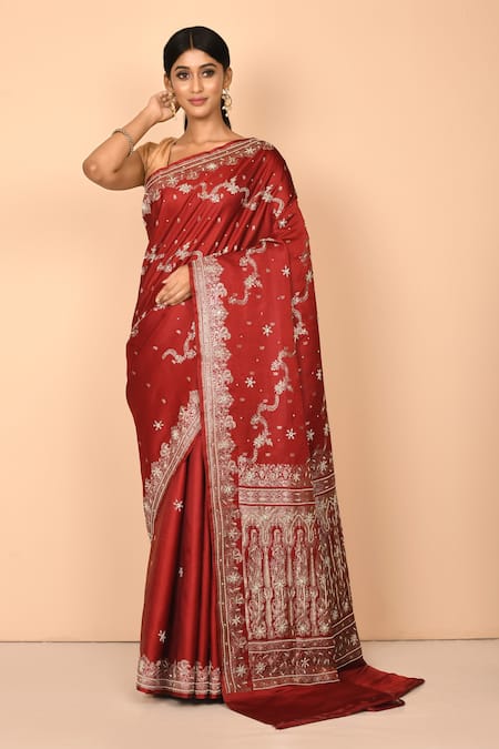 Nazaakat by Samara Singh Maroon Banarasi Silk Handloom Embroidered Floral Woven Saree