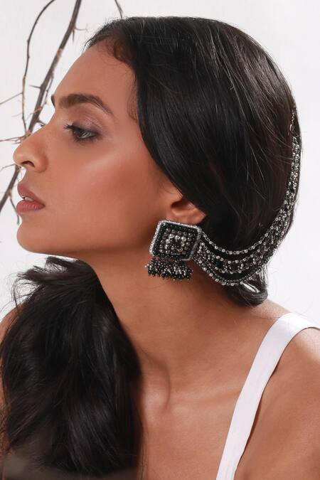 Buy Vaidaan Black Metallic Thread, Beads Khizan Earrings With Ear Chain Online at Aza Fashions Buy_Vaidaan_Black Metallic Thread, Beads Khizan Earrings With Ear Chain _Online_at_Aza_Fashions