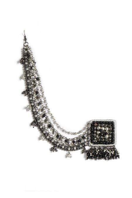 Vaidaan Black Metallic Thread, Beads Khizan Earrings With Ear Chain at Aza Fashions Vaidaan_Black Metallic Thread, Beads Khizan Earrings With Ear Chain _at_Aza_Fashions