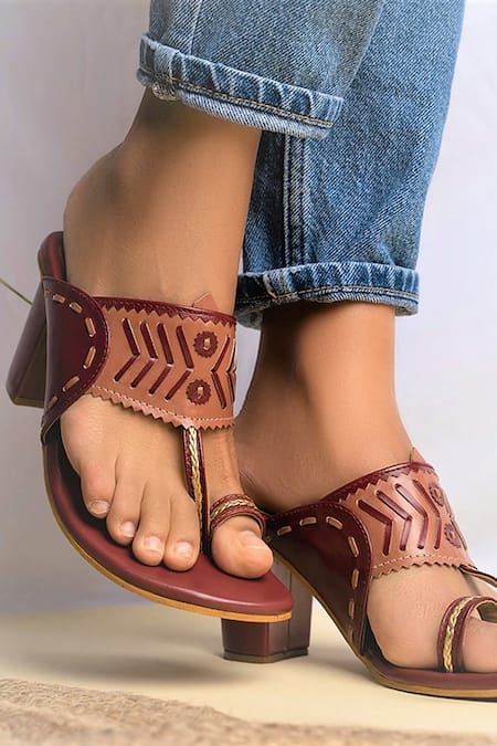 Jivaana Nia Maroon & Black Kolhapuri Heels for Women : Amazon.in: Fashion