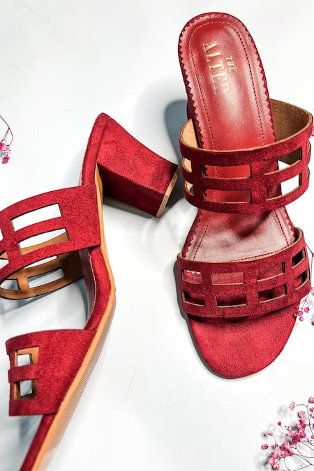 Red Block Heel Shoes - Velvet and Leather | Greek Chic Handmades