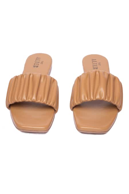 Shop The Alter Beige Ruched Strap Sliders at Aza Fashions Shop_The Alter_Beige Ruched Strap Sliders _at_Aza_Fashions