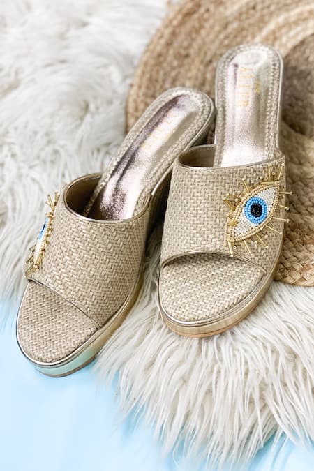 Shop The Alter Beige Embroidery Evil Eye Jute Wedges at Aza Fashions Shop_The Alter_Beige Embroidery Evil Eye Jute Wedges _at_Aza_Fashions
