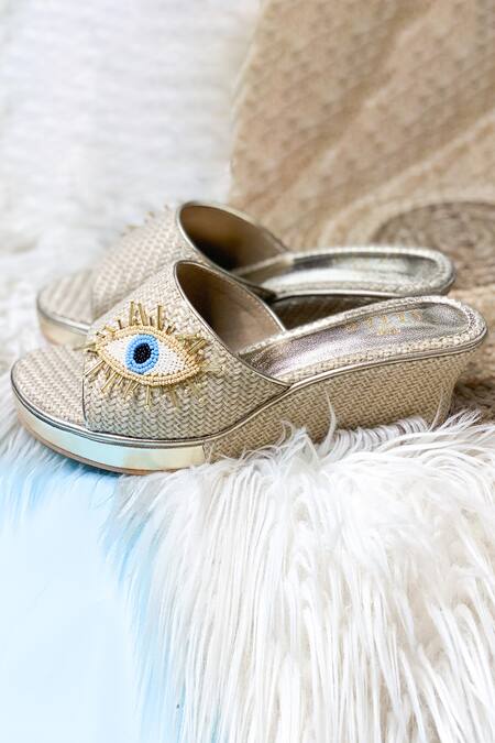 Shop The Alter Beige Embroidery Evil Eye Jute Wedges Online at Aza Fashions Shop_The Alter_Beige Embroidery Evil Eye Jute Wedges _Online_at_Aza_Fashions