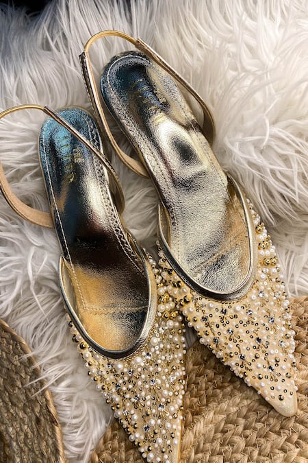 Shop The Alter Gold Beads, Pearls Amara Embellished Stilettoe Heels at Aza Fashions Shop_The Alter_Gold Beads, Pearls Amara Embellished Stilettoe Heels _at_Aza_Fashions