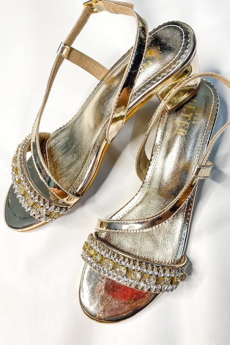 Shop_The Alter_Gold Rhinestones Izrah Embellished Block Heels _at_Aza_Fashions
