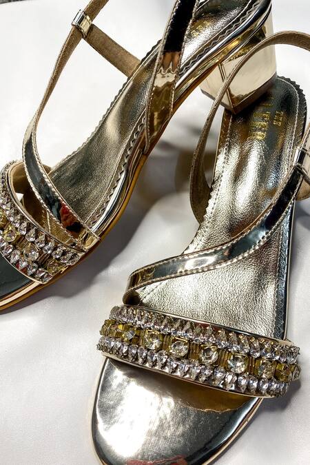 The Alter_Gold Rhinestones Izrah Embellished Block Heels _at_Aza_Fashions
