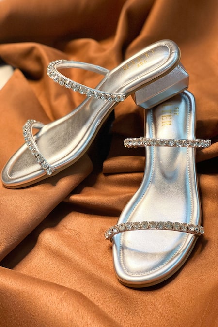 Silver embellished block clearance heels