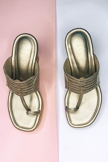 Shop The Alter Gold Metallic Braided Kolhapuri Wedges at Aza Fashions Shop_The Alter_Gold Metallic Braided Kolhapuri Wedges _at_Aza_Fashions