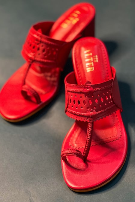 Shop The Alter Red Cut Work Kolhapuri Block Heels at Aza Fashions Shop_The Alter_Red Cut Work Kolhapuri Block Heels _at_Aza_Fashions