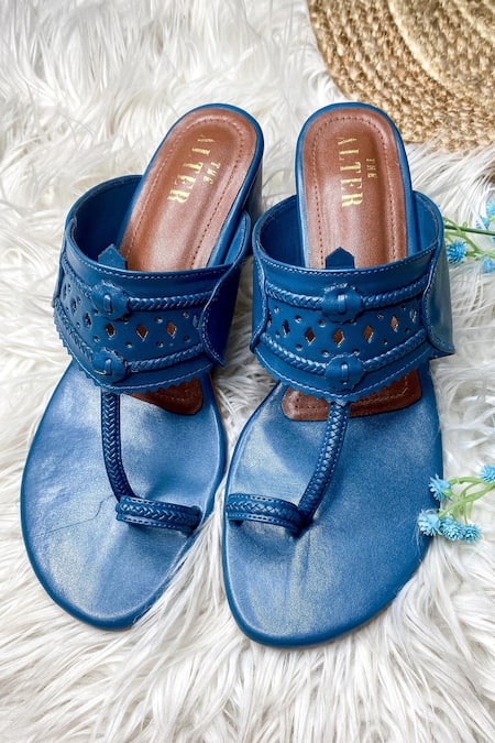 Shop The Alter Blue Cutwork Kolhapuri Block Heels at Aza Fashions Shop_The Alter_Blue Cutwork Kolhapuri Block Heels _at_Aza_Fashions