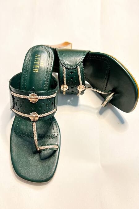 Shop The Alter Green Cut Work Bottle Braided Kolhapuri Block Heels at Aza Fashions Shop_The Alter_Green Cut Work Bottle Braided Kolhapuri Block Heels _at_Aza_Fashions