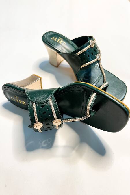 Shop The Alter Green Cut Work Bottle Braided Kolhapuri Block Heels Online at Aza Fashions Shop_The Alter_Green Cut Work Bottle Braided Kolhapuri Block Heels _Online_at_Aza_Fashions