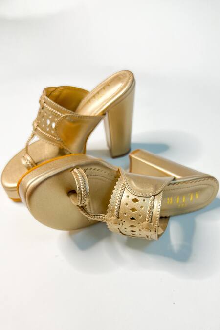 Shop The Alter Gold Cut Work Metallic Kolhapuri Block Heels at Aza Fashions Shop_The Alter_Gold Cut Work Metallic Kolhapuri Block Heels _at_Aza_Fashions