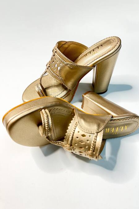 The Alter Gold Cut Work Metallic Kolhapuri Block Heels Online at Aza Fashions The Alter_Gold Cut Work Metallic Kolhapuri Block Heels _Online_at_Aza_Fashions